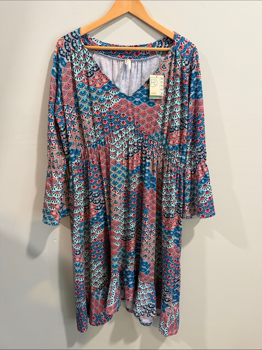 Roper Multicolor V-Neck Long Sleeve Babydoll Dress - Teal & Coral XL